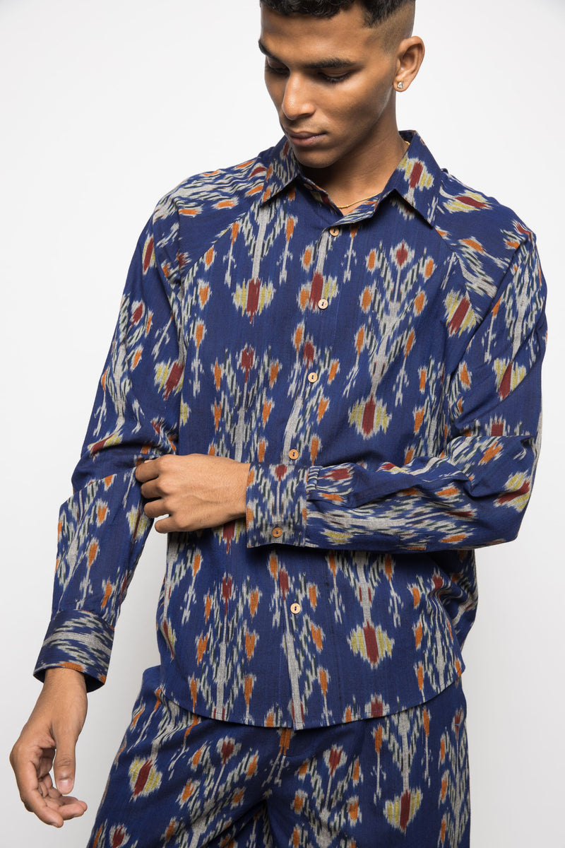 Anushé Pirani Handwoven Cotton Ikat Men's Royal Blue Shirt