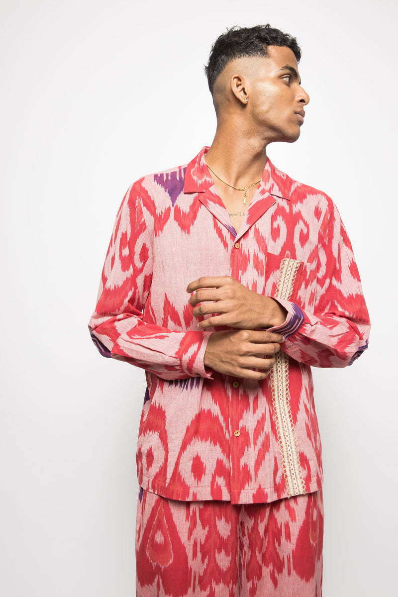 Anushé Pirani Handwoven Cotton Ikat Men's Pink Shirt