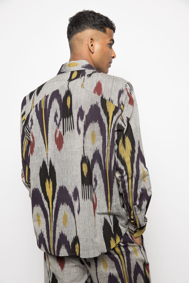 Anushé Pirani Handwoven Cotton Ikat Men's Grey Shirt