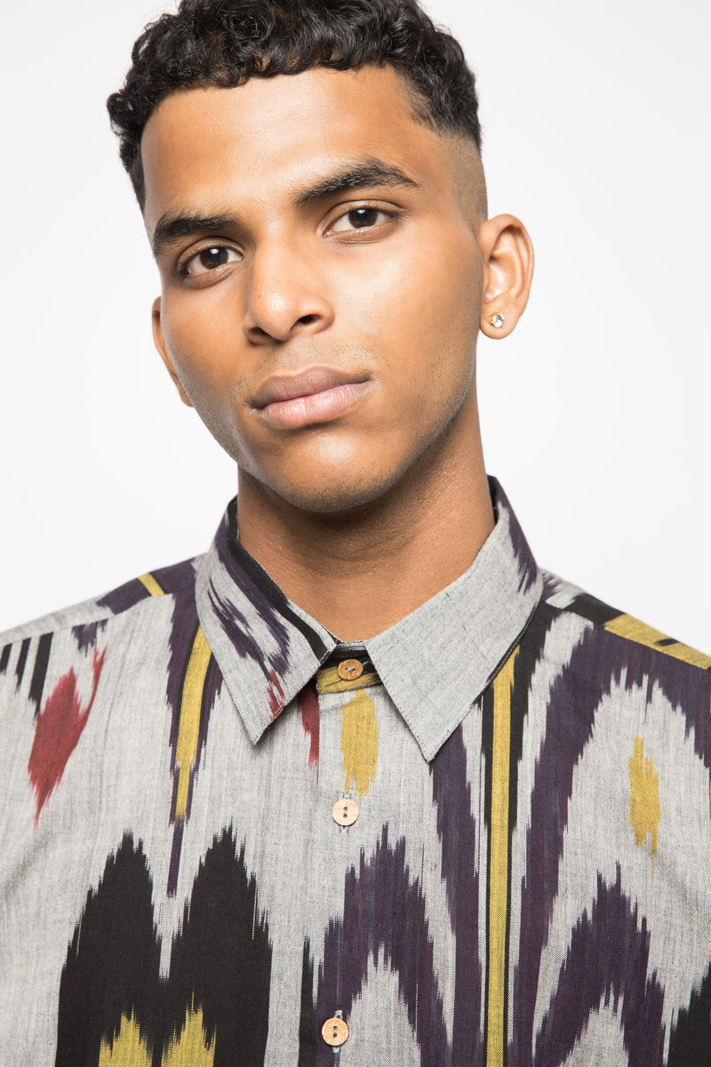 Anushé Pirani Handwoven Cotton Ikat Men's Grey Shirt