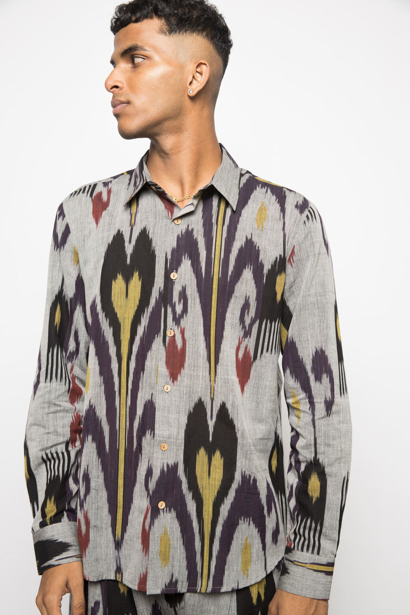 Anushé Pirani Handwoven Cotton Ikat Men's Grey Shirt