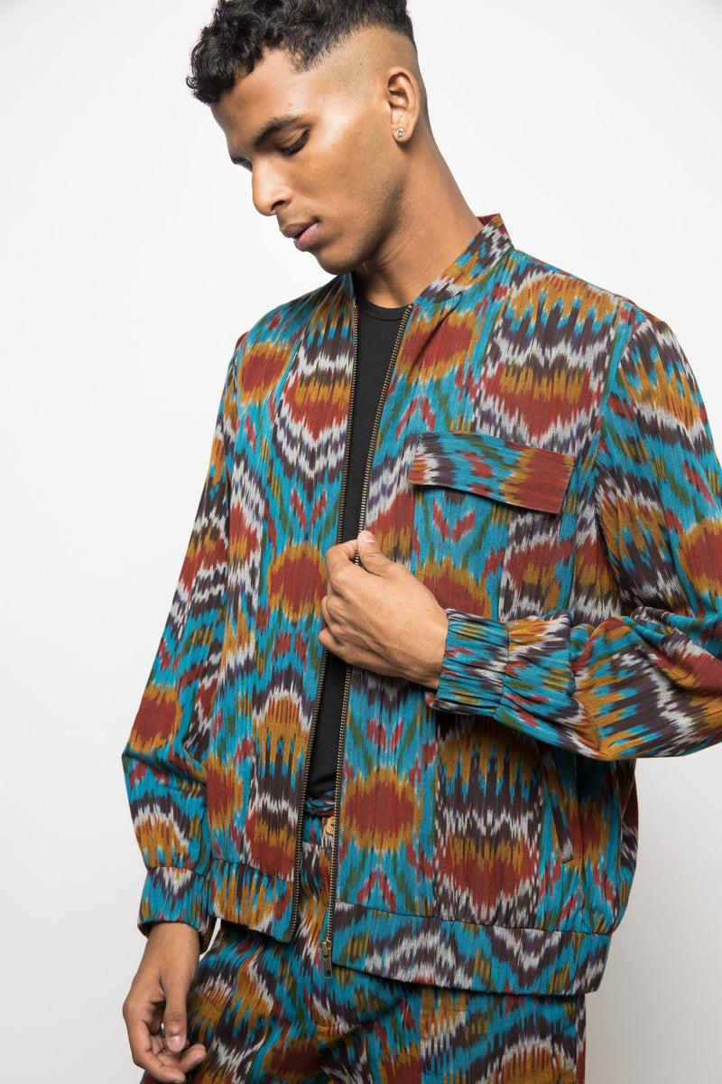 Anushé Pirani Handwoven Cotton Ikat Men's Turquoise Jacket