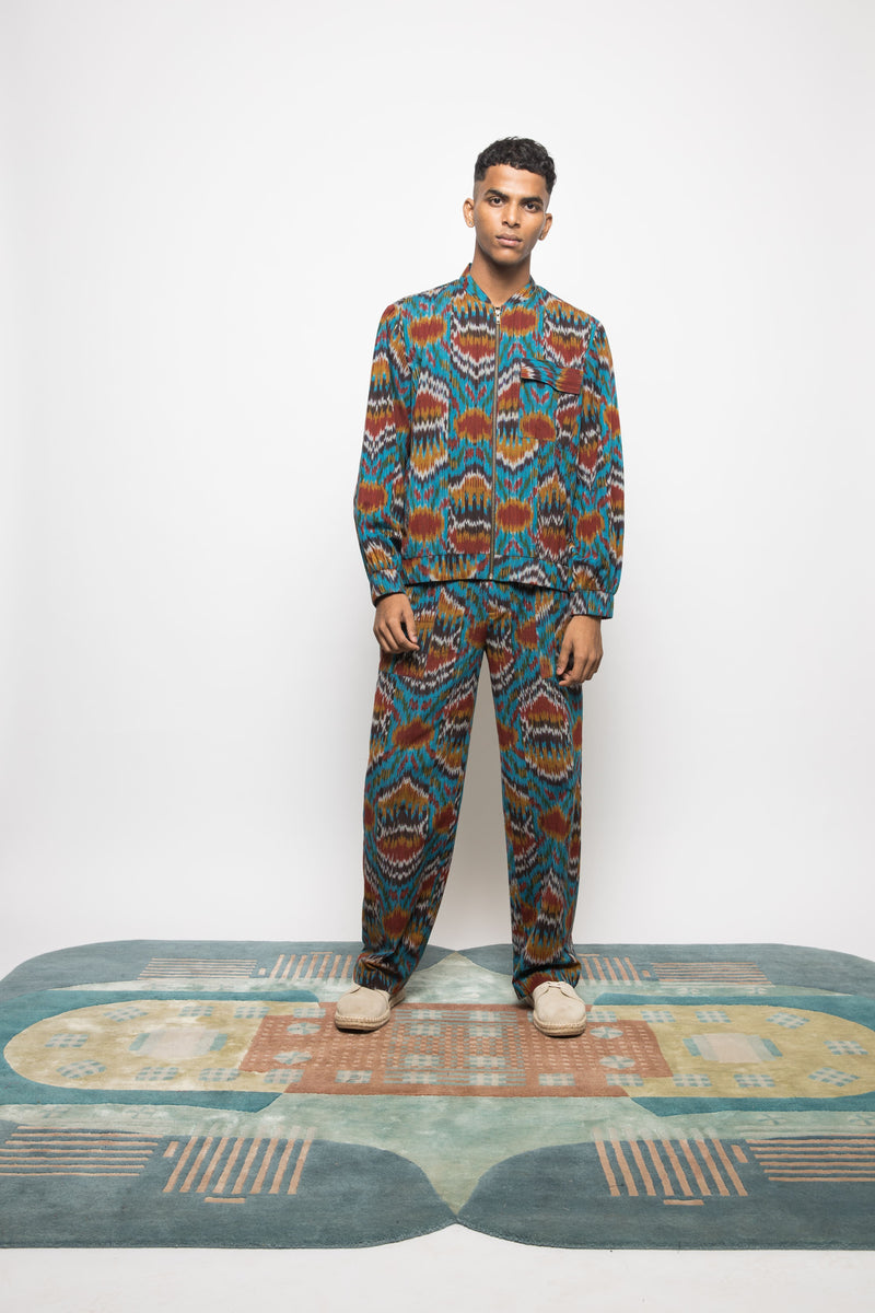 Anushé Pirani Handwoven Cotton Ikat Men's Turquoise Pants