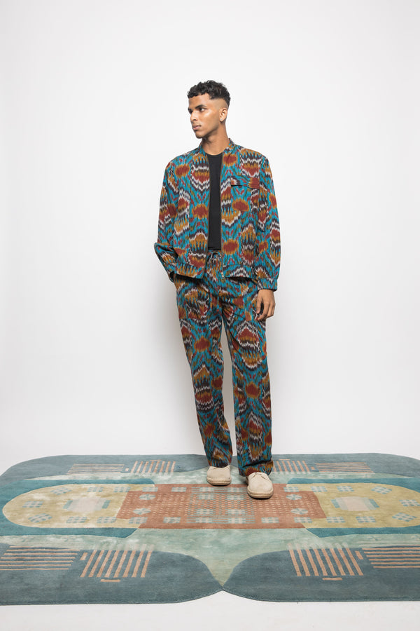 Anushé Pirani Handwoven Cotton Ikat Men's Turquoise Jacket