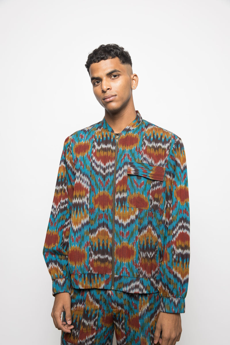 Anushé Pirani Handwoven Cotton Ikat Men's Turquoise Jacket