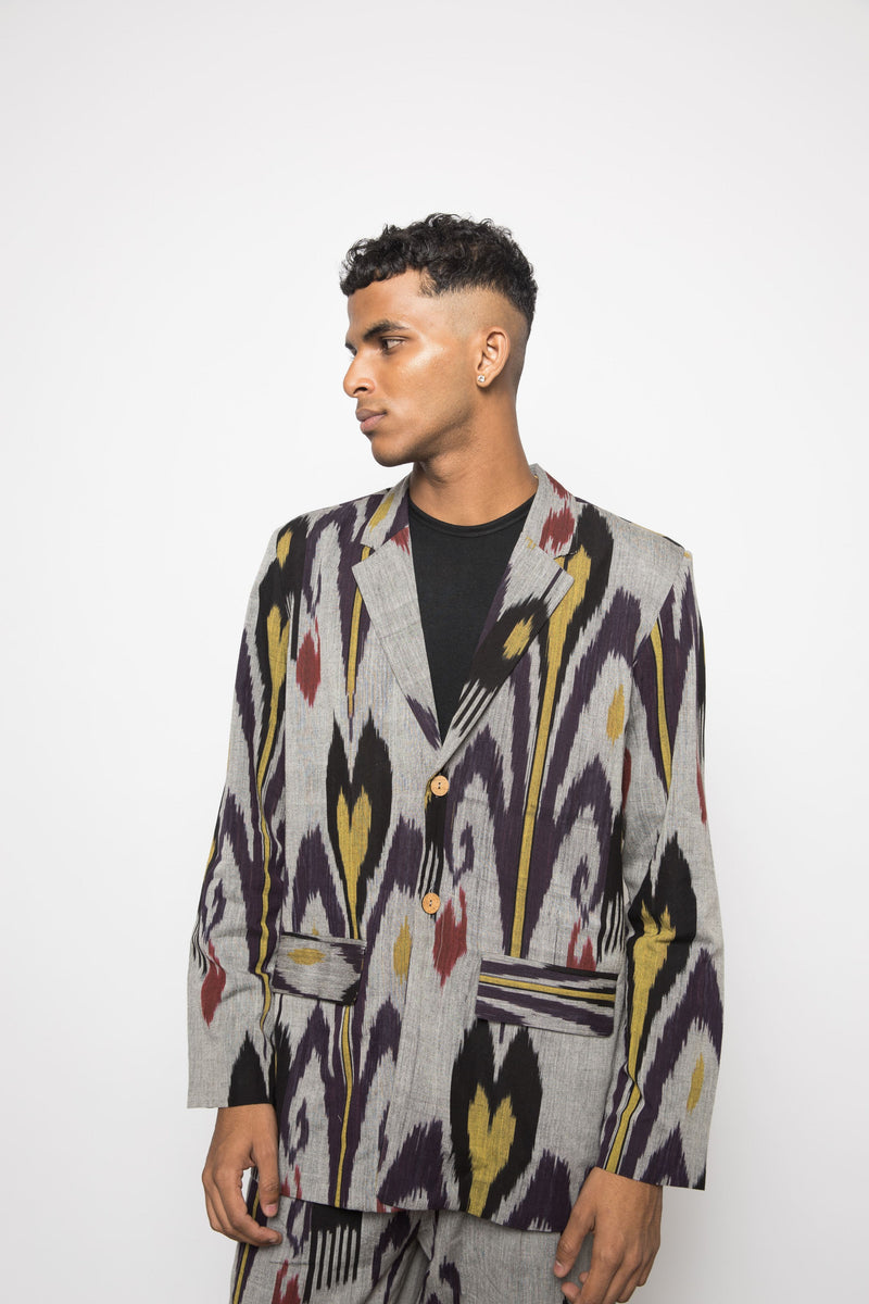 Anushé Pirani Handwoven Cotton Ikat Men's Grey Blazer