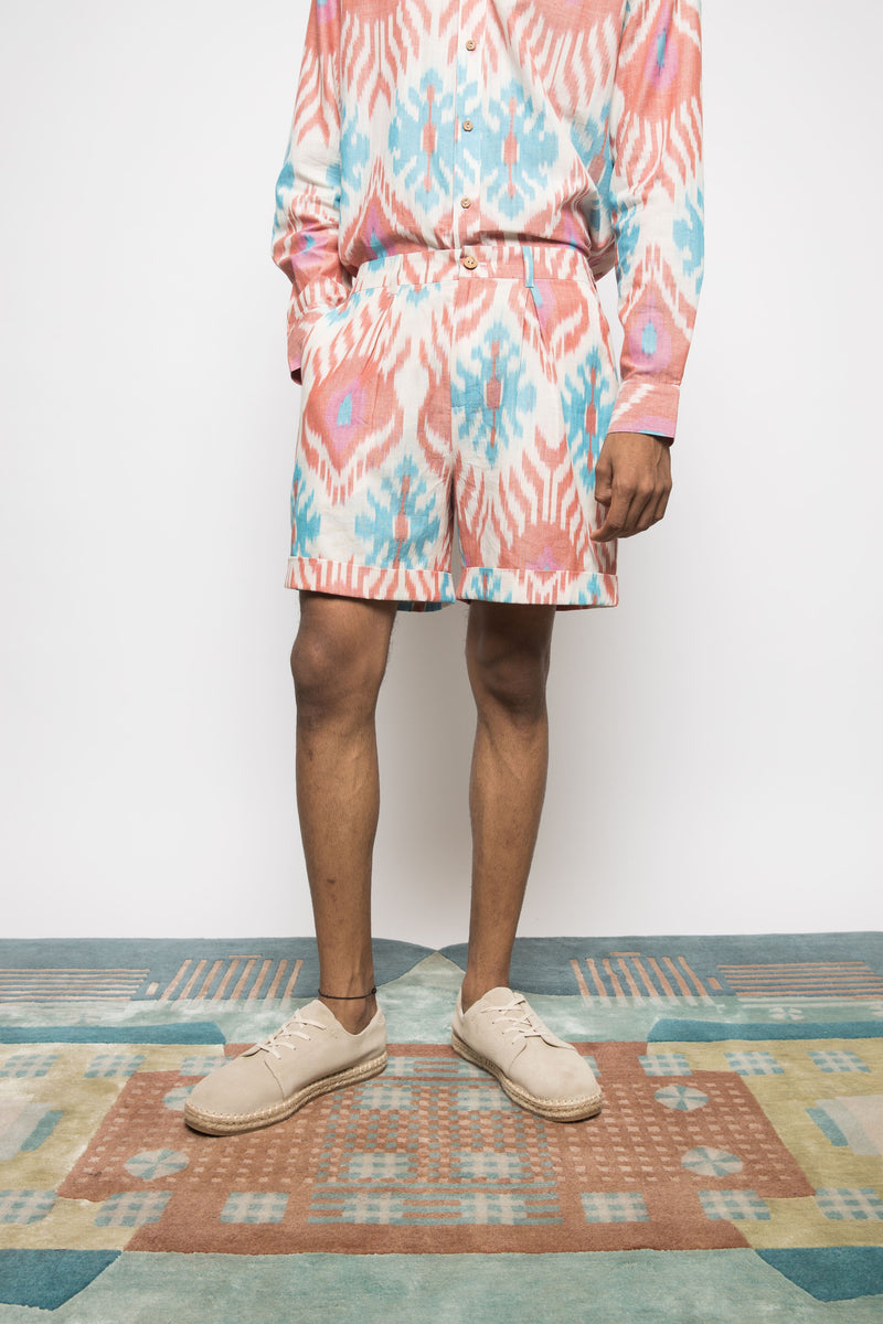 Anushé Pirani Handwoven Cotton Ikat Men's White/Blue/Pink Shorts