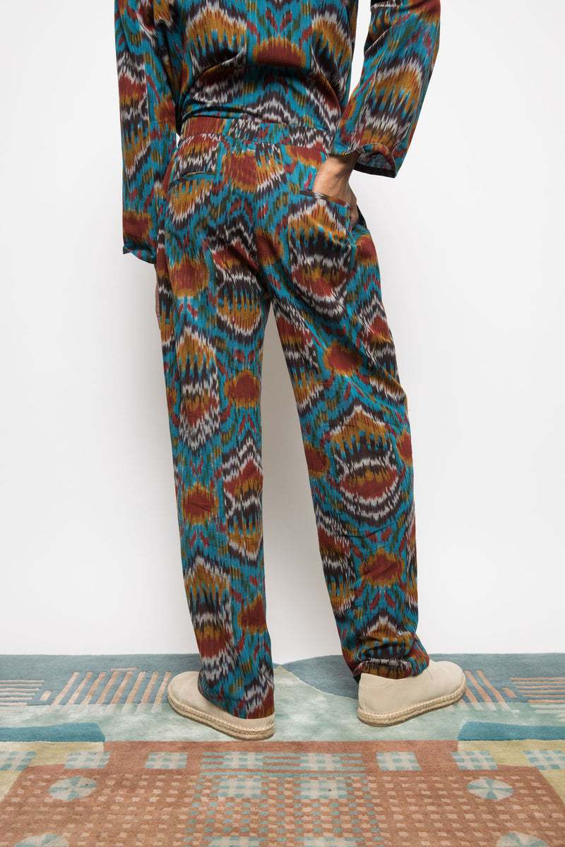 Anushé Pirani Handwoven Cotton Ikat Men's Turquoise Pants