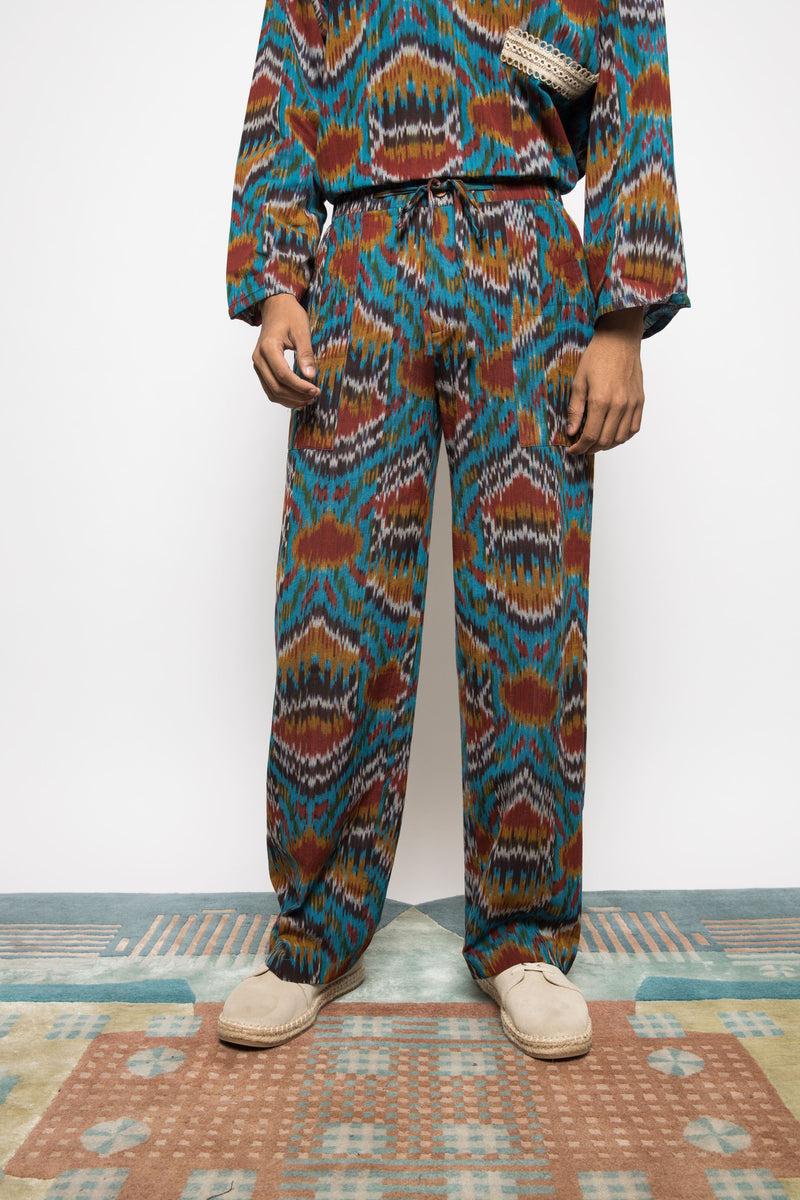 Anushé Pirani Handwoven Cotton Ikat Men's Turquoise Pants