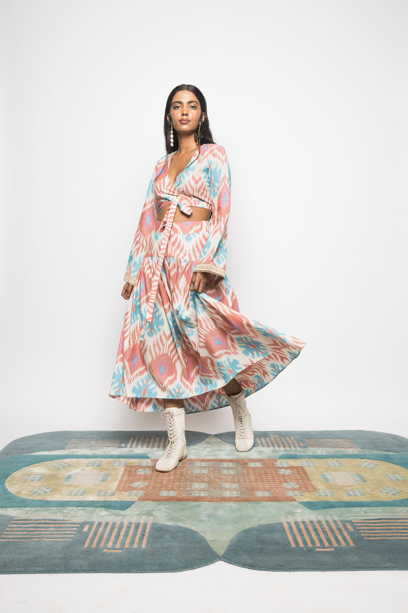 Anushé Pirani Handwoven Cotton Ikat Women's White/Blue/Pink Skirt