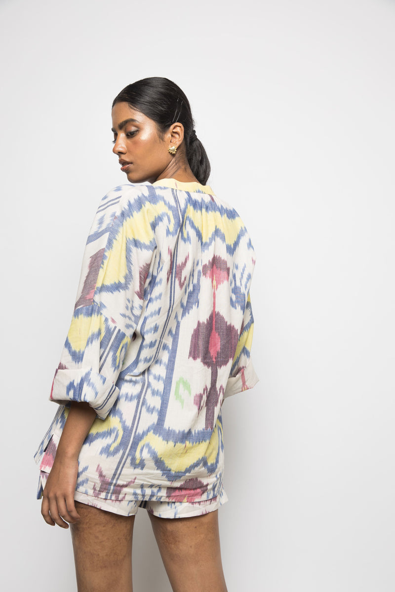 Anushé Pirani Handwoven Cotton Ikat Women's White/Blue/Yellow Shirt