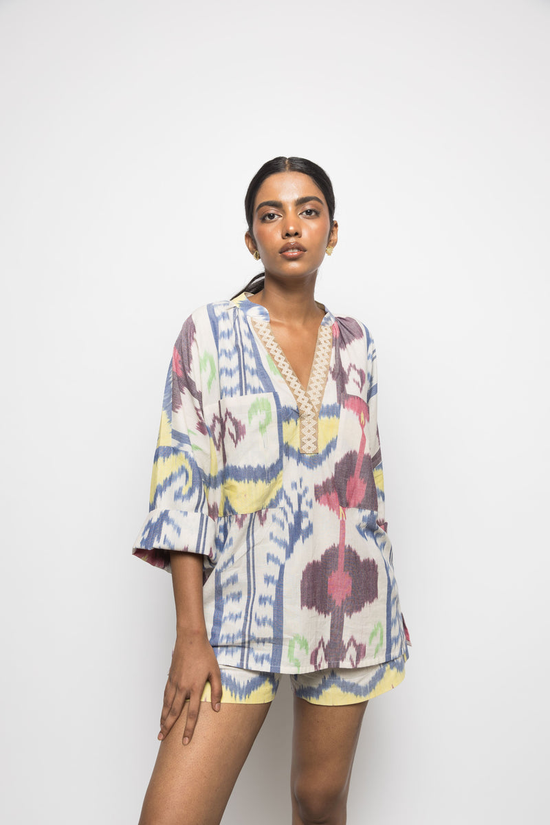 Anushé Pirani Handwoven Cotton Ikat Women's White/Blue/Yellow Shirt