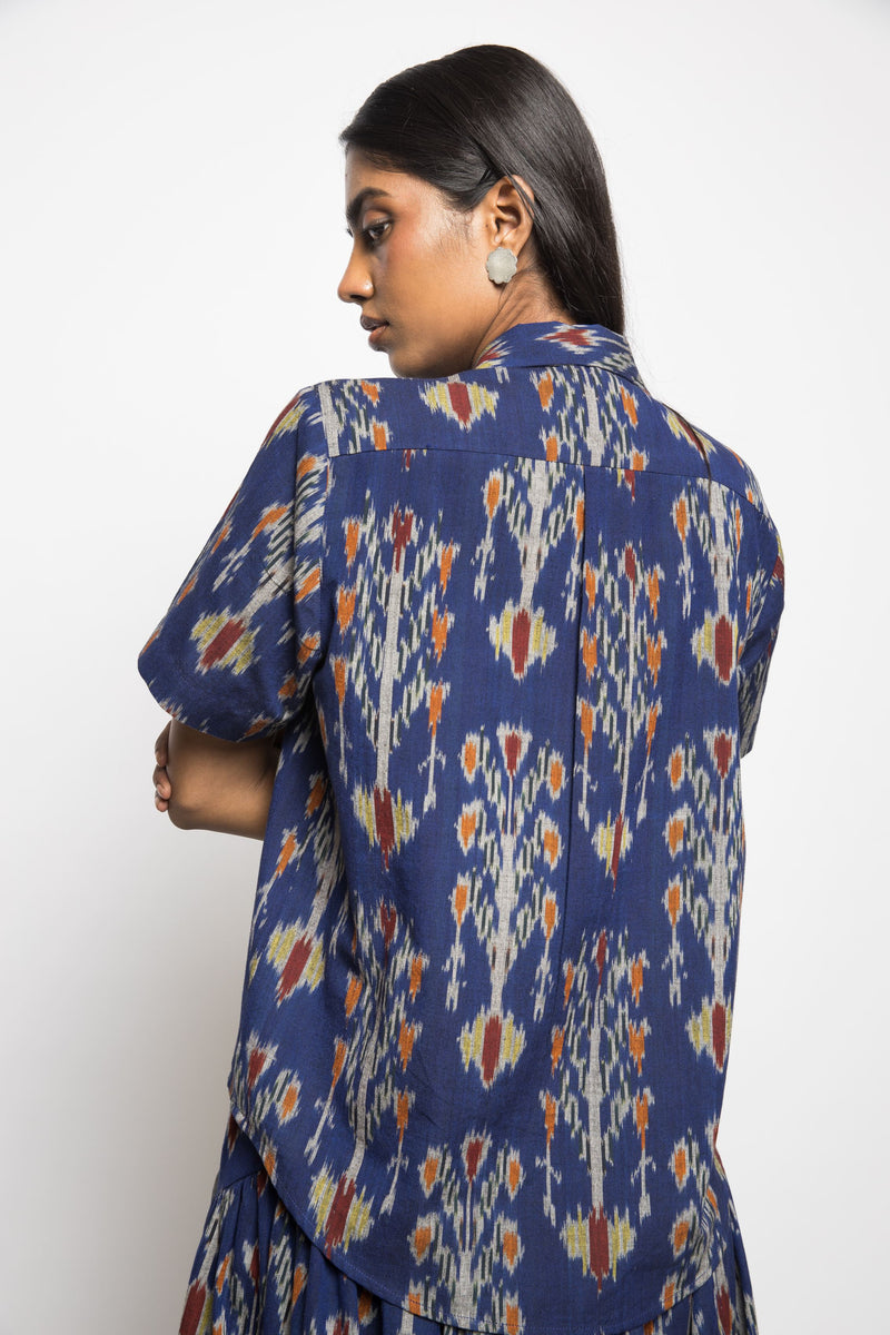 Anushé Pirani Handwoven Cotton Ikat Women's Royal Blue Shirt