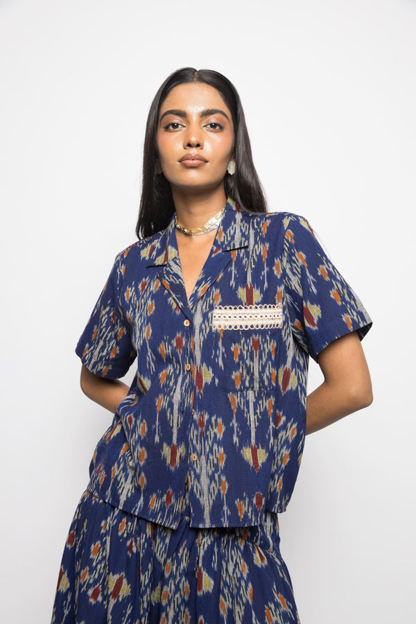 Anushé Pirani Handwoven Cotton Ikat Women's Royal Blue Shirt