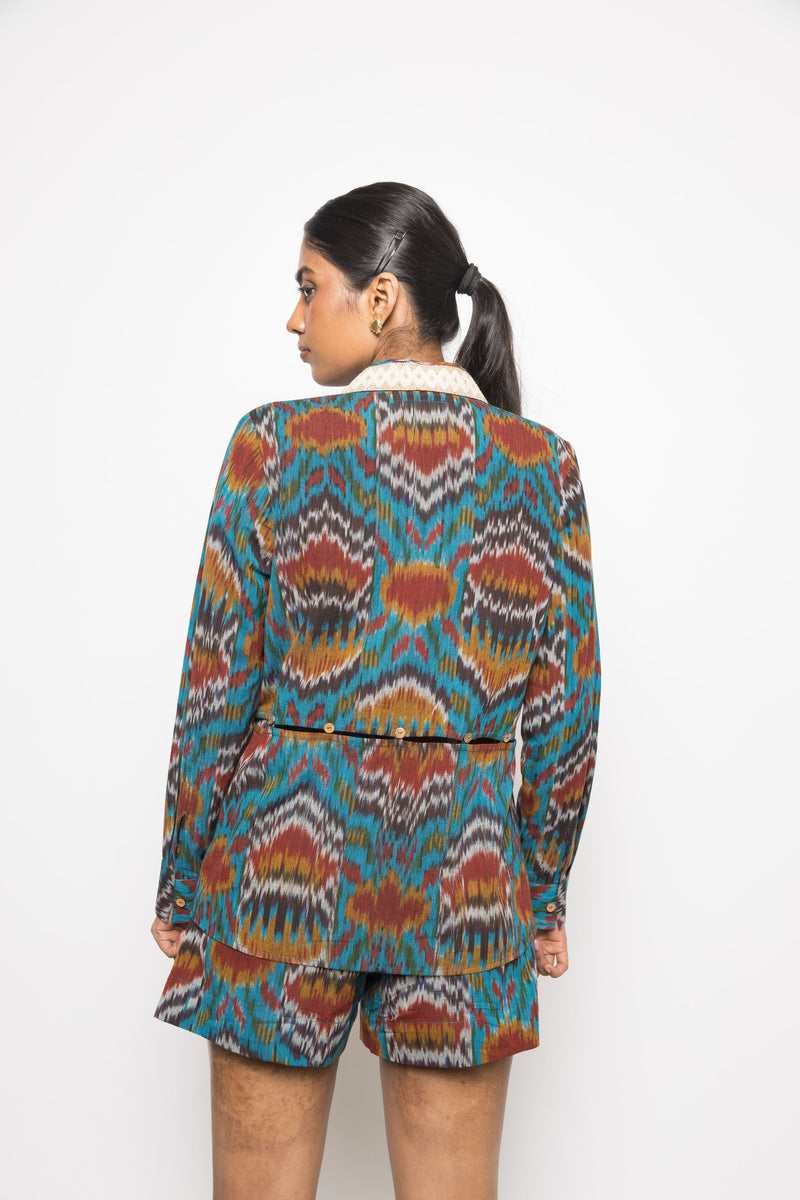 Anushé Pirani Handwoven Cotton Ikat Women's Turquoise Shirt