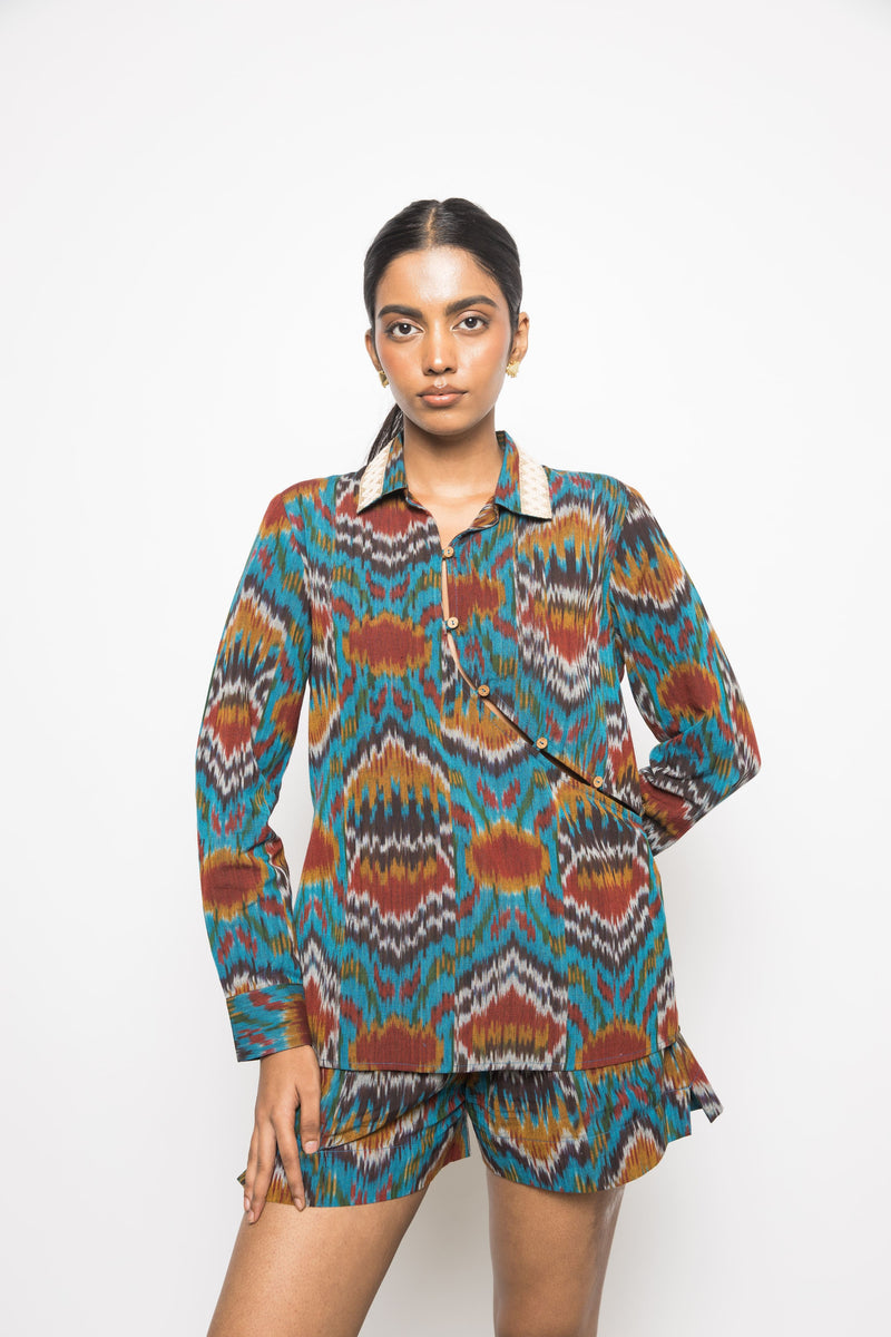 Anushé Pirani Handwoven Cotton Ikat Women's Turquoise Shirt