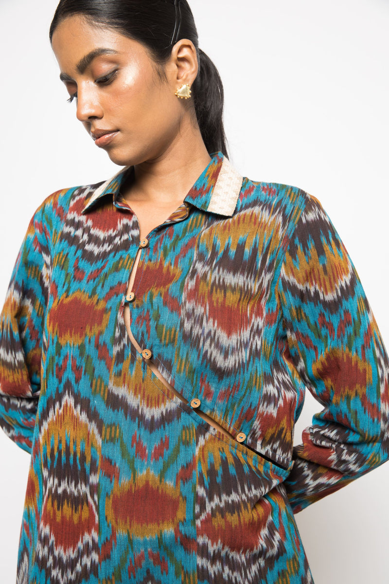 Anushé Pirani Handwoven Cotton Ikat Women's Turquoise Shirt