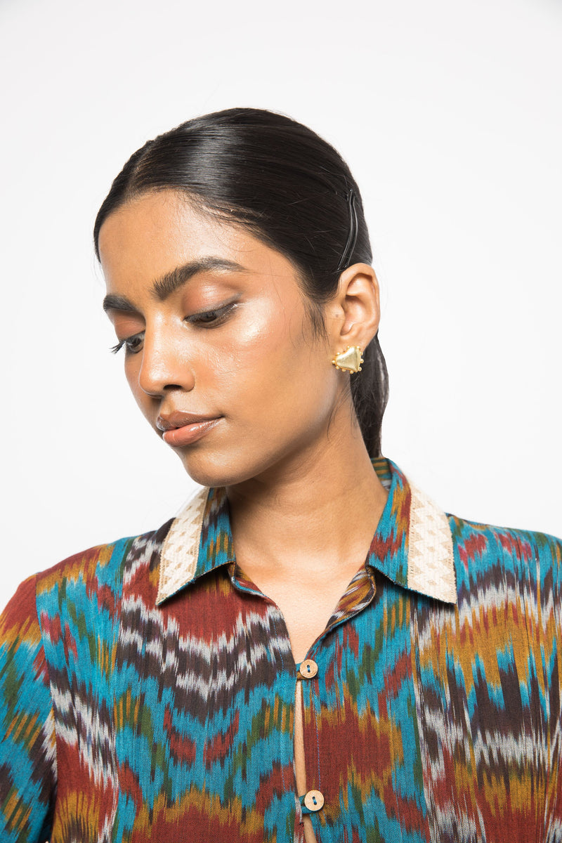 Anushé Pirani Handwoven Cotton Ikat Women's Turquoise Shirt