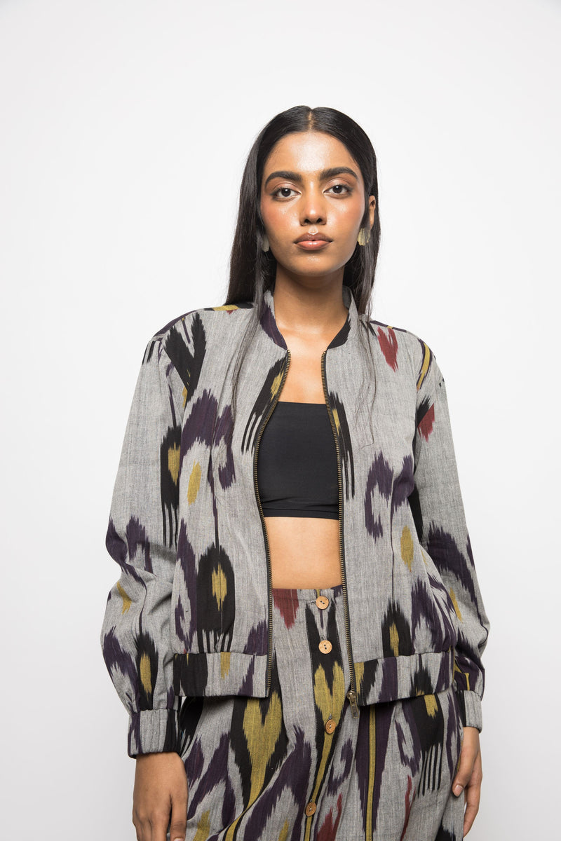 Anushé Pirani Handwoven Cotton Ikat Women's Grey Jacket