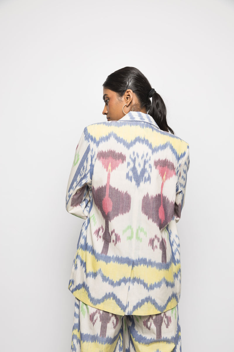 Anushé Pirani Handwoven Cotton Ikat Women's White/Blue/Yellow Blazer