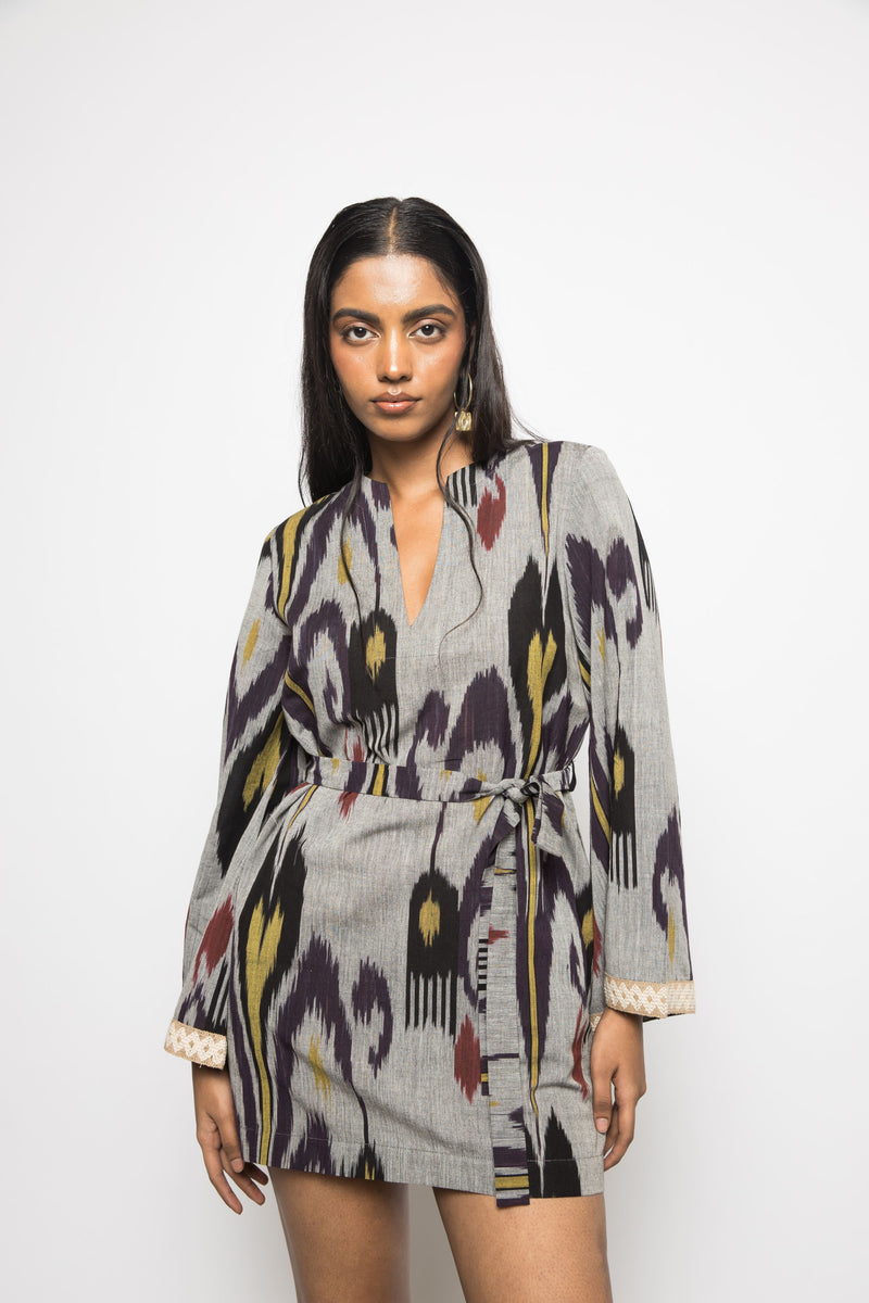 Anushé Pirani Handwoven Cotton Ikat Women's Grey Dress