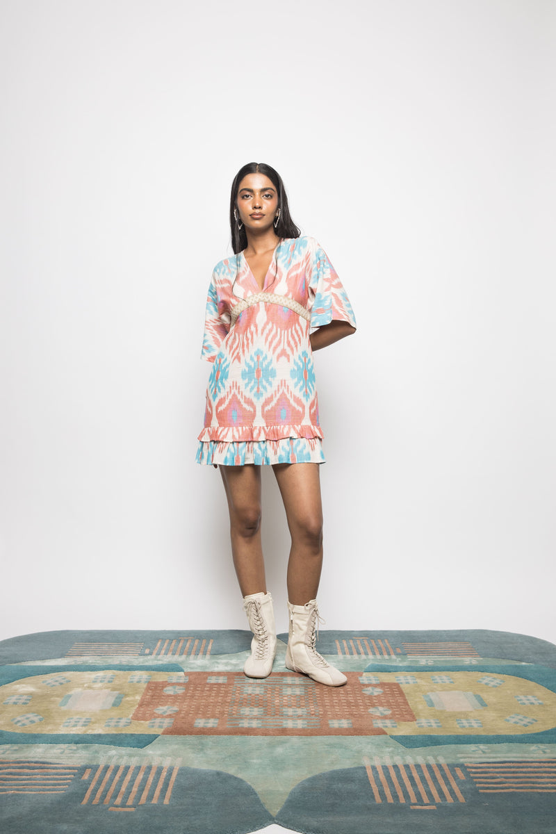 Anushé Pirani Handwoven Cotton Ikat Women's White/Blue/Pink Dress