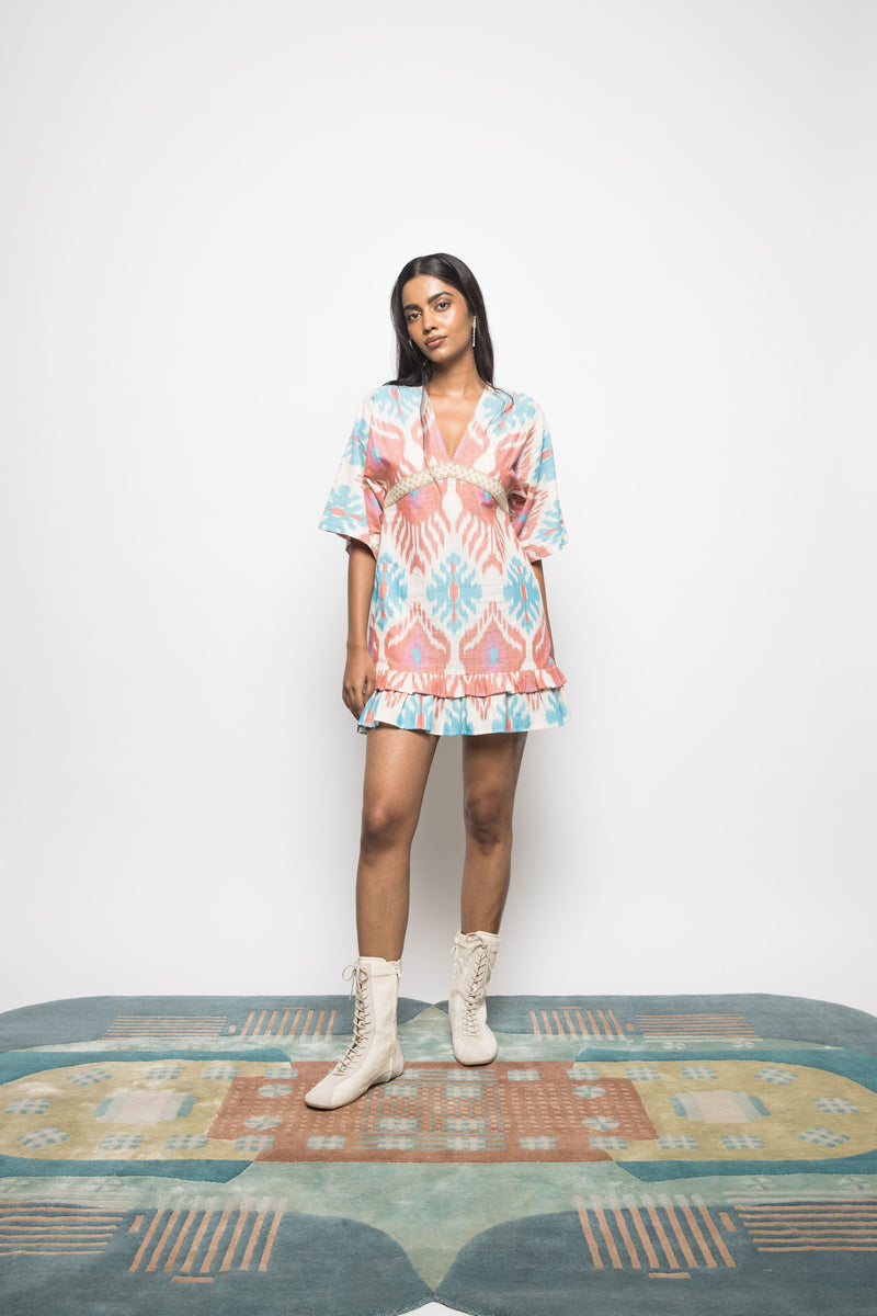 Anushé Pirani Handwoven Cotton Ikat Women's White/Blue/Pink Dress