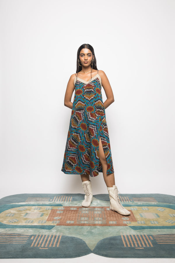 Anushé Pirani Handwoven Cotton Ikat Women's Turquoise Dress