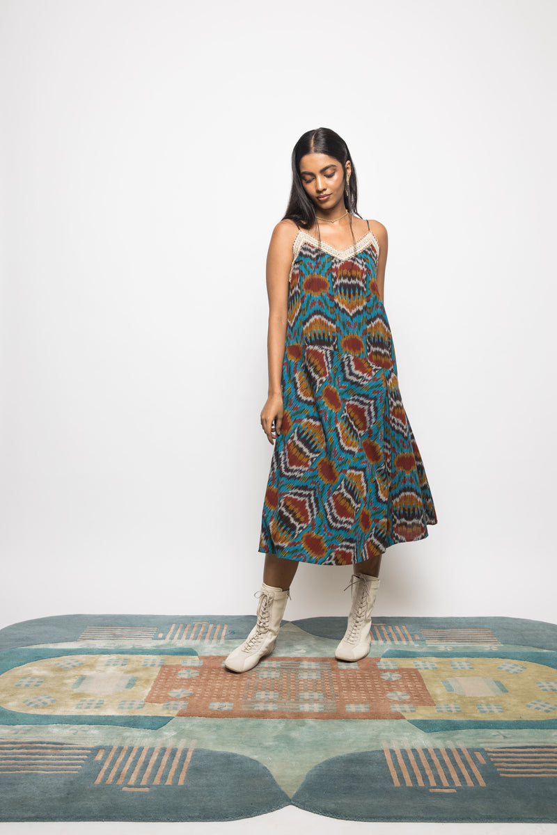 Anushé Pirani Handwoven Cotton Ikat Women's Turquoise Dress