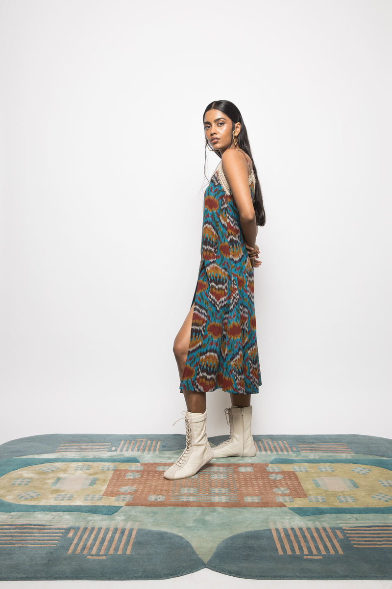 Anushé Pirani Handwoven Cotton Ikat Women's Turquoise Dress