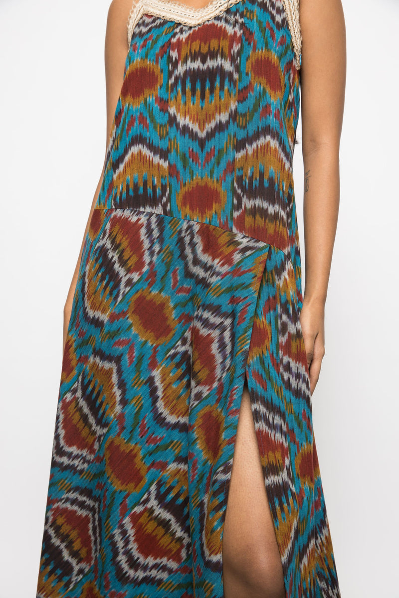 Anushé Pirani Handwoven Cotton Ikat Women's Turquoise Dress