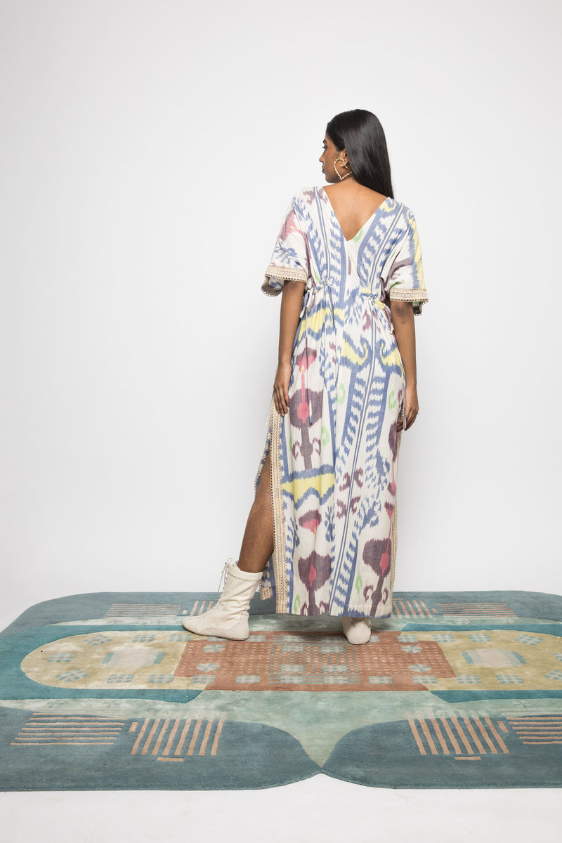 Anushé Pirani Handwoven Cotton Ikat Women's White/Blue/Yellow Dress