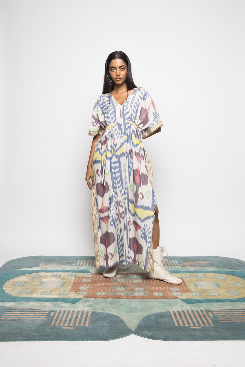 Anushé Pirani Handwoven Cotton Ikat Women's White/Blue/Yellow Dress