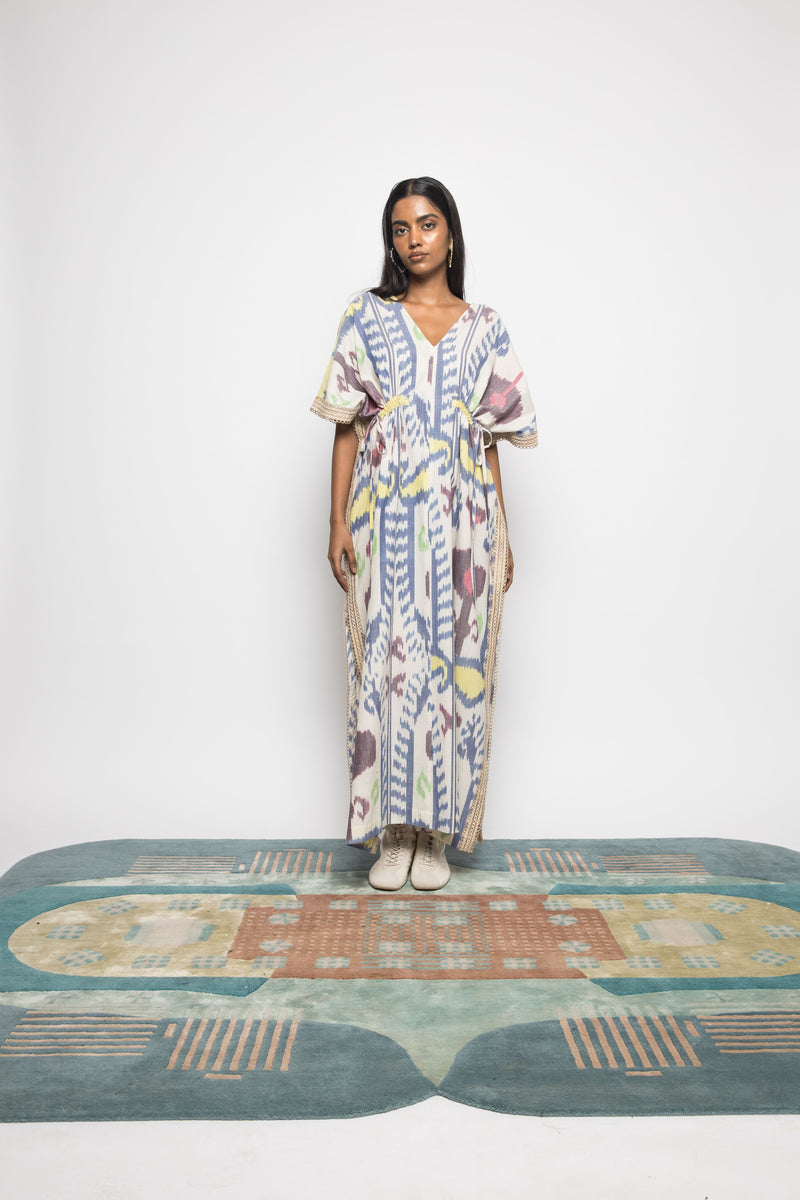 Anushé Pirani Handwoven Cotton Ikat Women's White/Blue/Yellow Dress