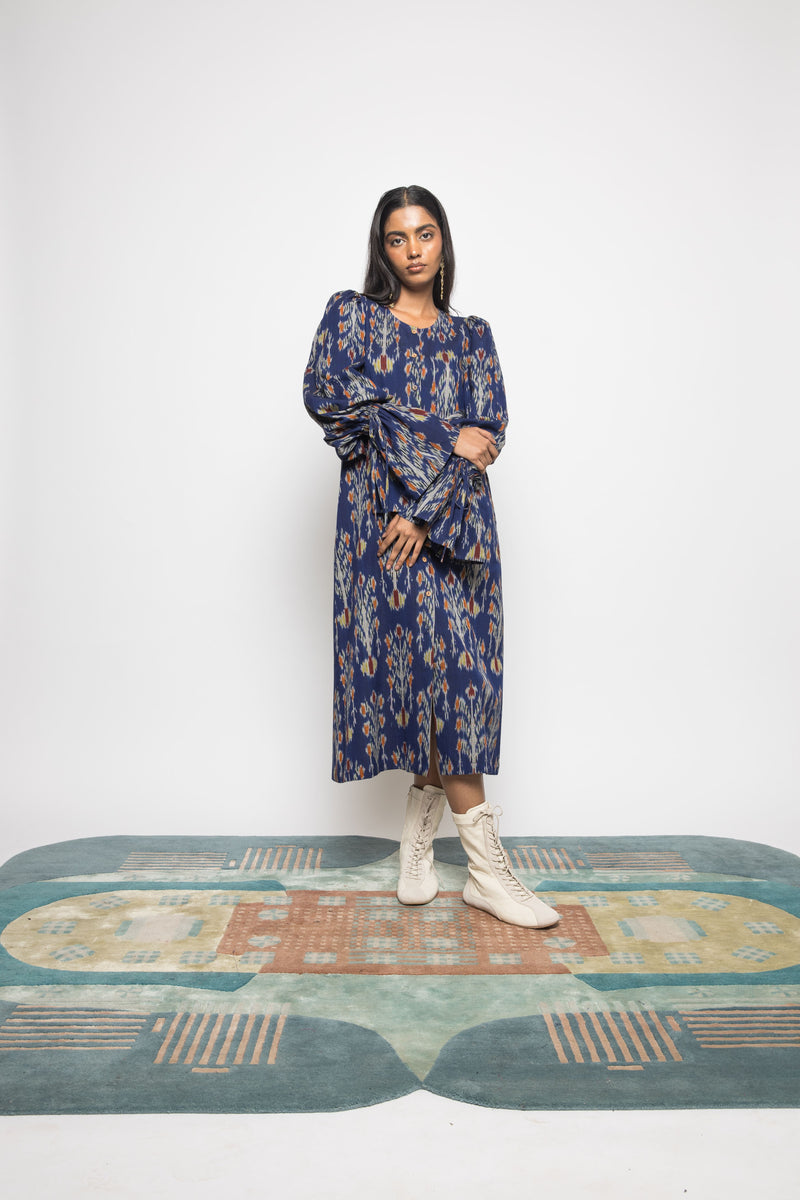 Anushé Pirani Handwoven Cotton Ikat Women's Royal Blue Dress