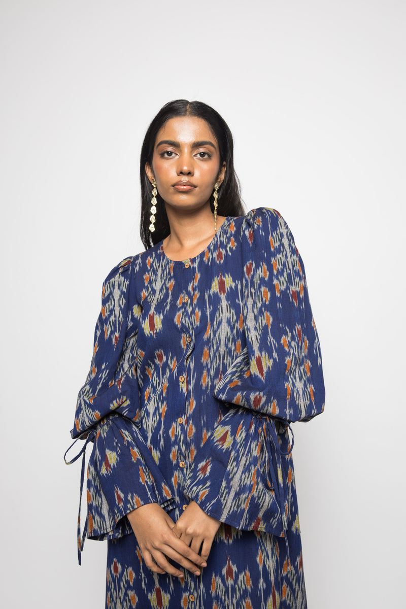 Anushé Pirani Handwoven Cotton Ikat Women's Royal Blue Dress