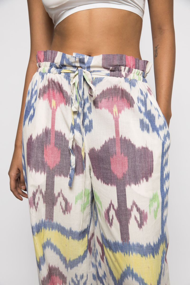 Anushé Pirani Handwoven Cotton Ikat Women's White/Blue/Yellow Pants