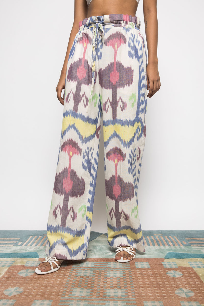 Anushé Pirani Handwoven Cotton Ikat Women's White/Blue/Yellow Pants