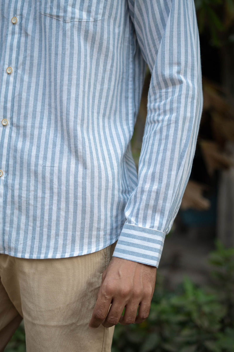 Earthy Route Dull Blue Stripes · Mandarin Collar · Full Sleeve Shirt