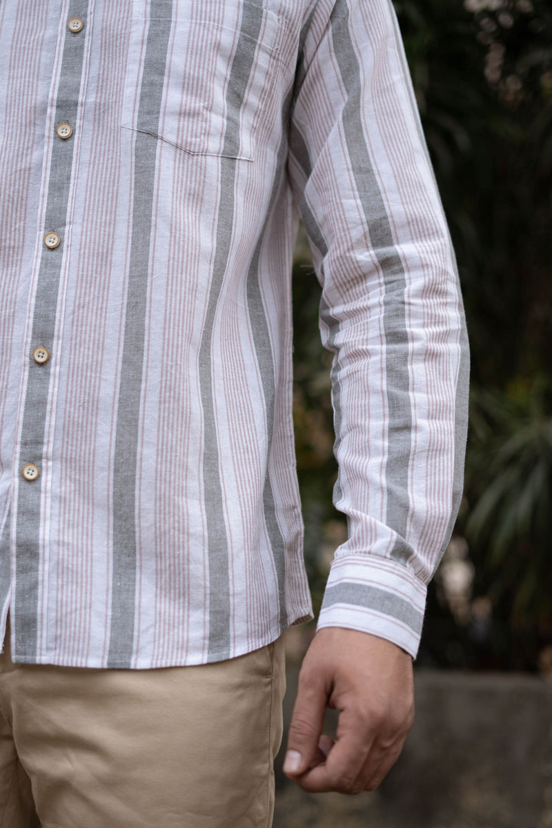Earthy Route Pink and Green Stripes · Mandarin Collar · Full Sleeve Shirt