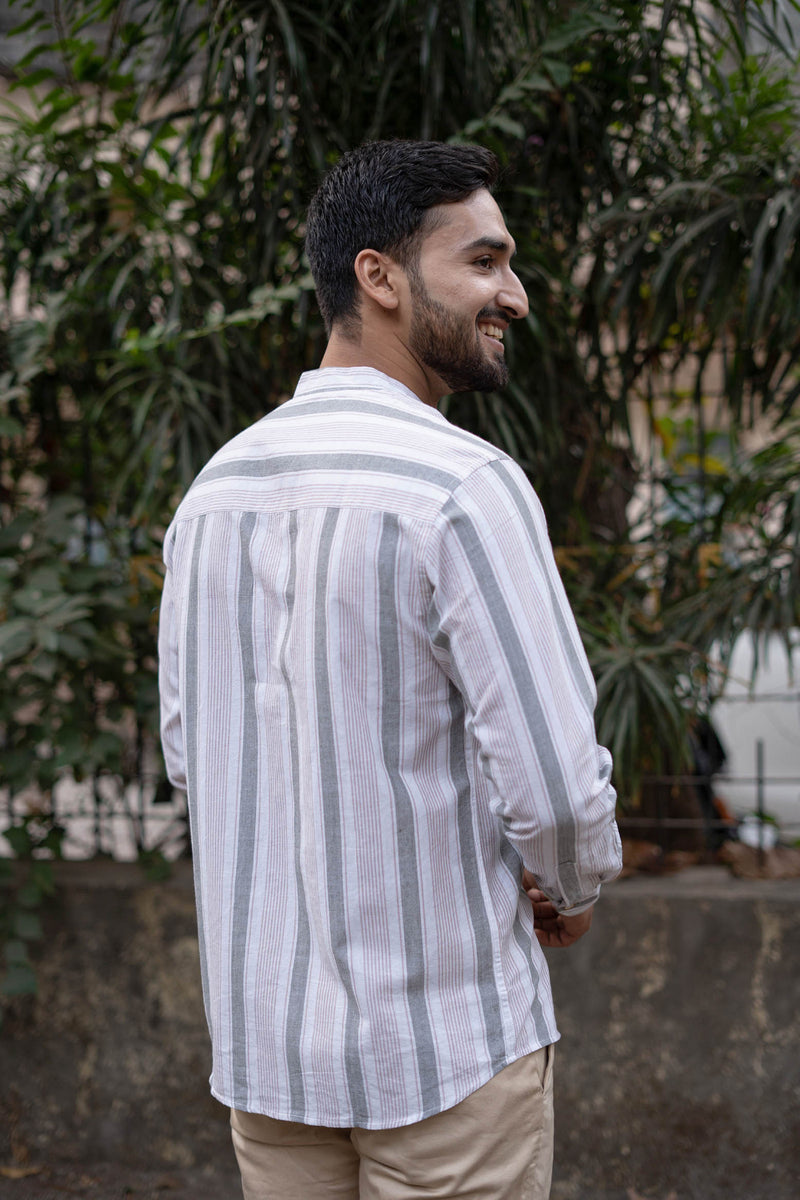Earthy Route Pink and Green Stripes · Mandarin Collar · Full Sleeve Shirt