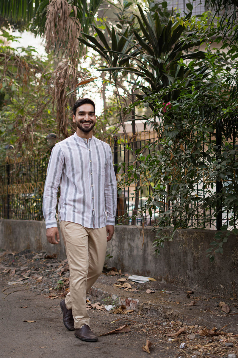 Earthy Route Pink and Green Stripes · Mandarin Collar · Full Sleeve Shirt