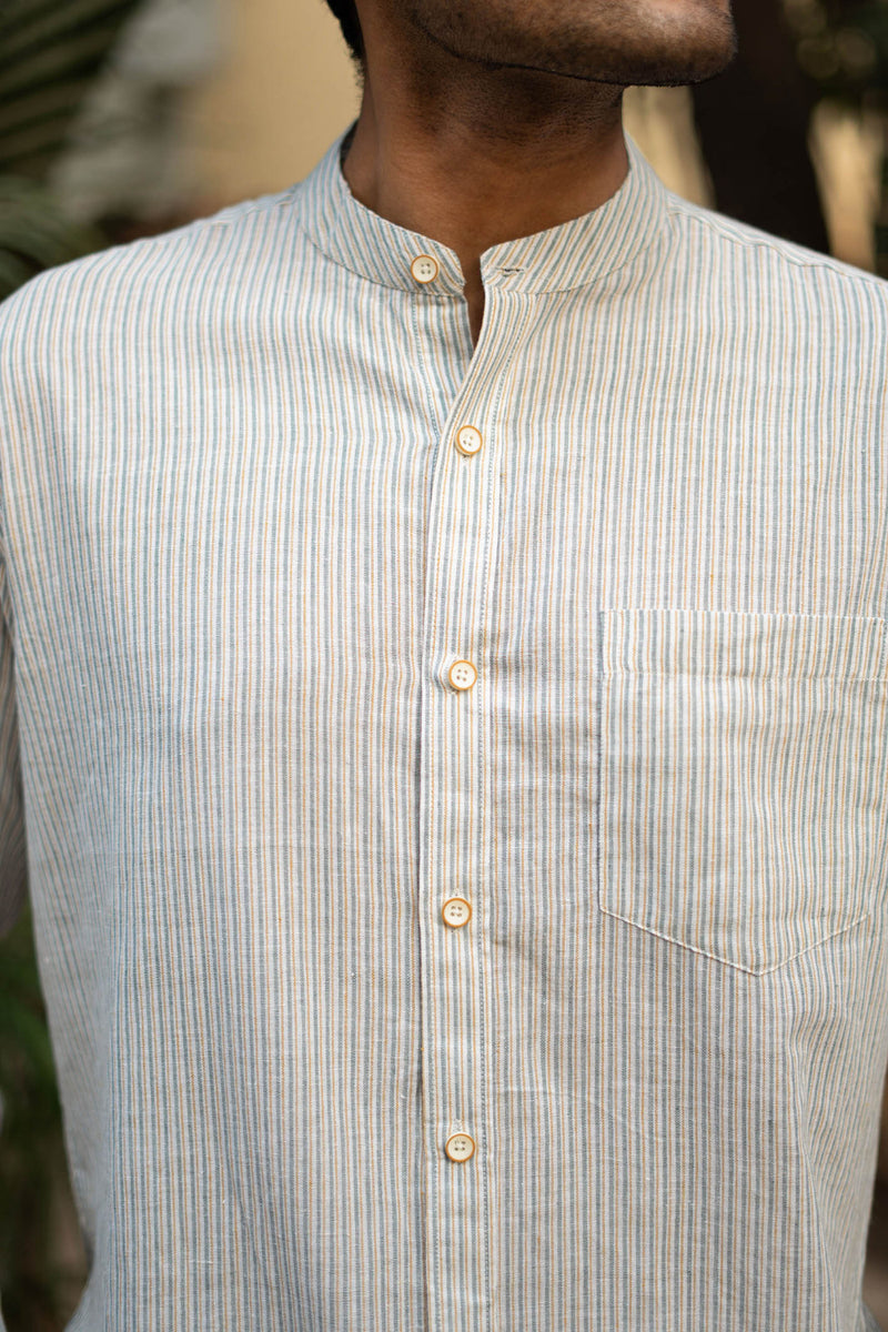 Earthy Route Green and Mustard Stripes · Mandarin Collar · Full Sleeve Shirt