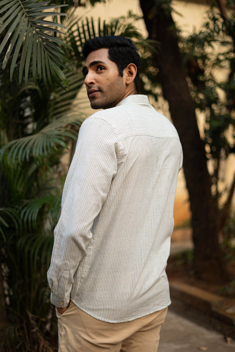 Earthy Route Green and Mustard Stripes · Mandarin Collar · Full Sleeve Shirt