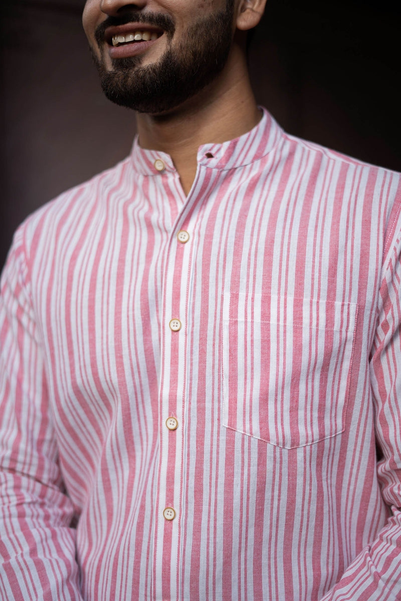 Earthy Route Pink Stripes · Mandarin Collar · Full Sleeve Shirt