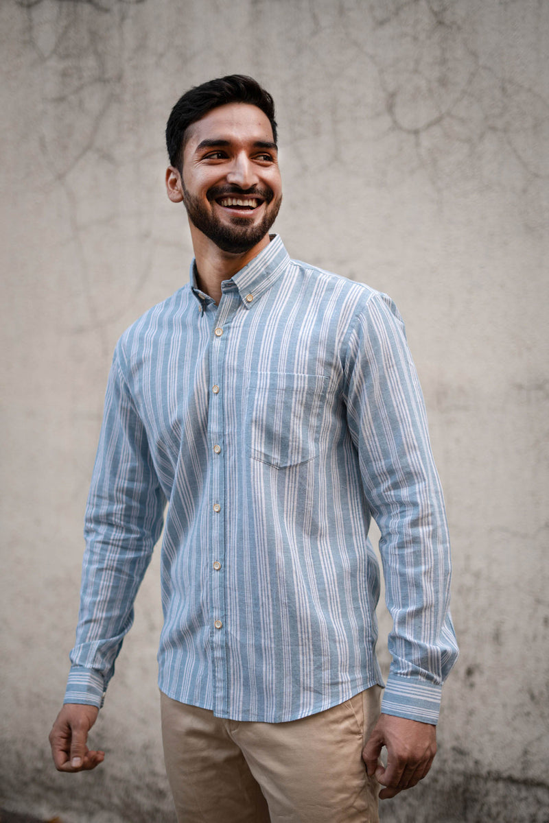 Earthy Route Aqua Blue Stripes · Button Down Collar · Full Sleeve Shirt