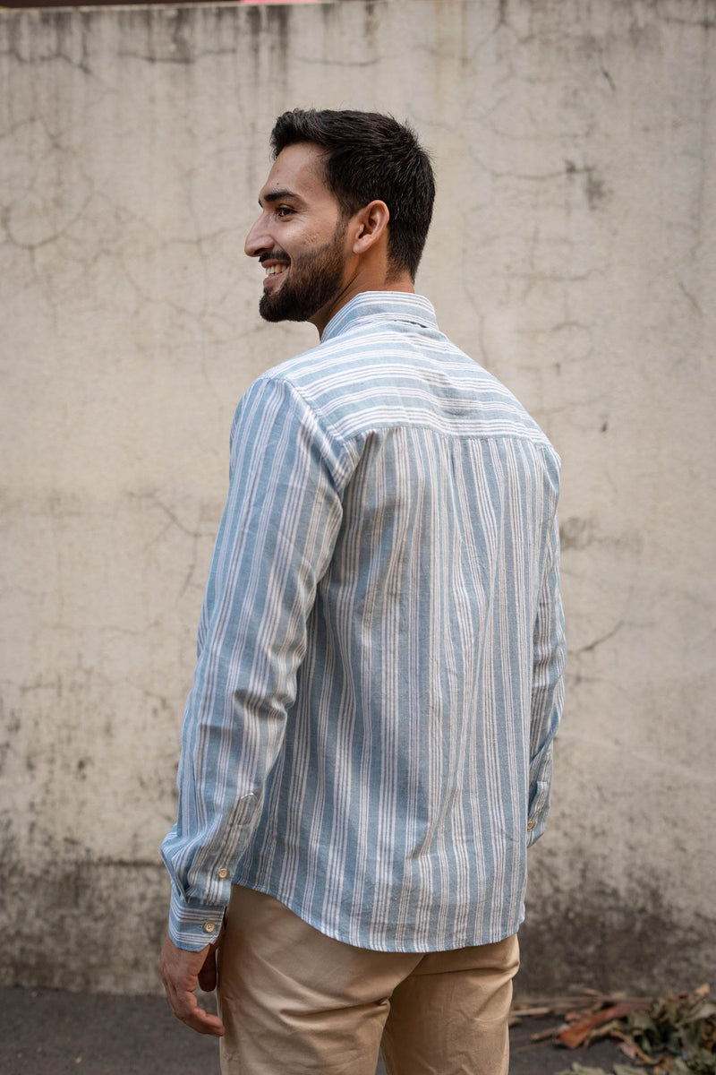 Earthy Route Aqua Blue Stripes · Button Down Collar · Full Sleeve Shirt