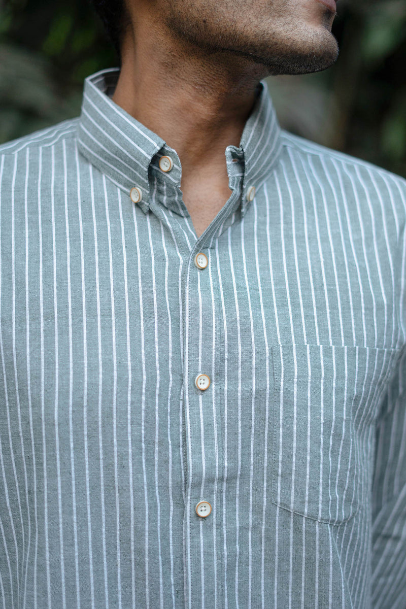 Earthy Route Greyish Green Stripes · Button Down Collar · Full Sleeve Shirt