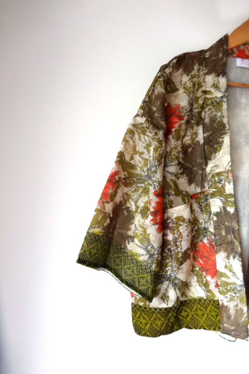 Asian In Me | Georgette Unisex Green-Orange Floral Kimono Jacket| Yoru-kimono