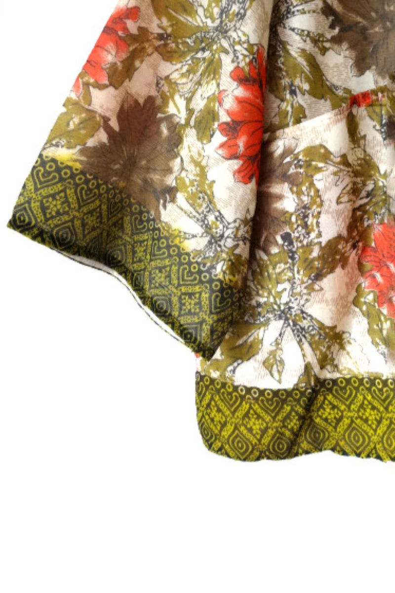 Asian In Me | Georgette Unisex Green-Orange Floral Kimono Jacket| Yoru-kimono